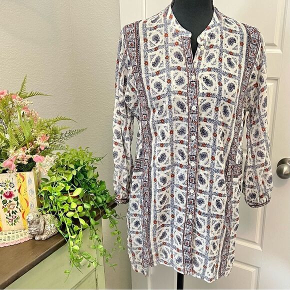 Madewell 100% COTTON White Blue Paisley Boho Coastal Button Up Tunic Blouse XS - Picture 1 of 11